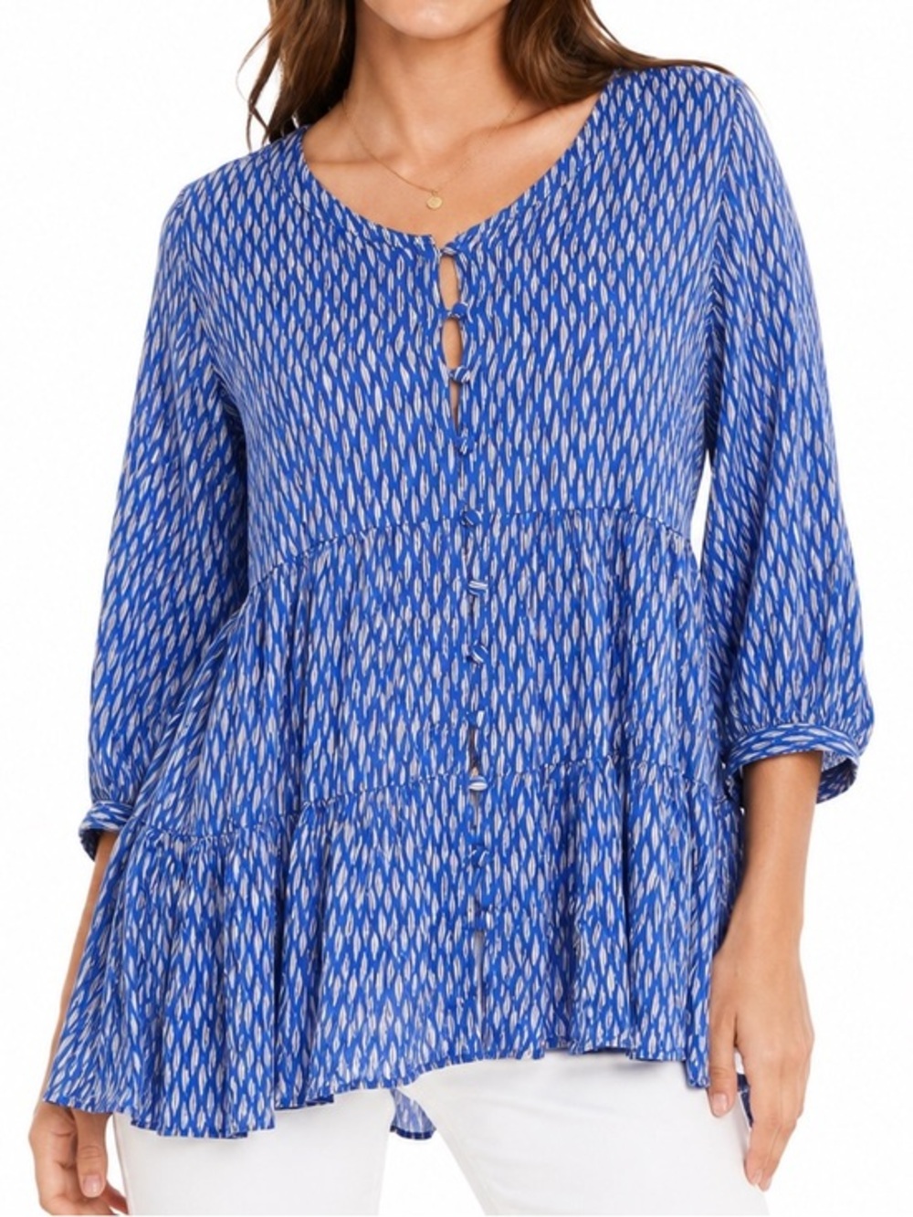 Maeve Blue Printed Tiered Peasant Blouse Top Medium Anthropologie Boho Rayon